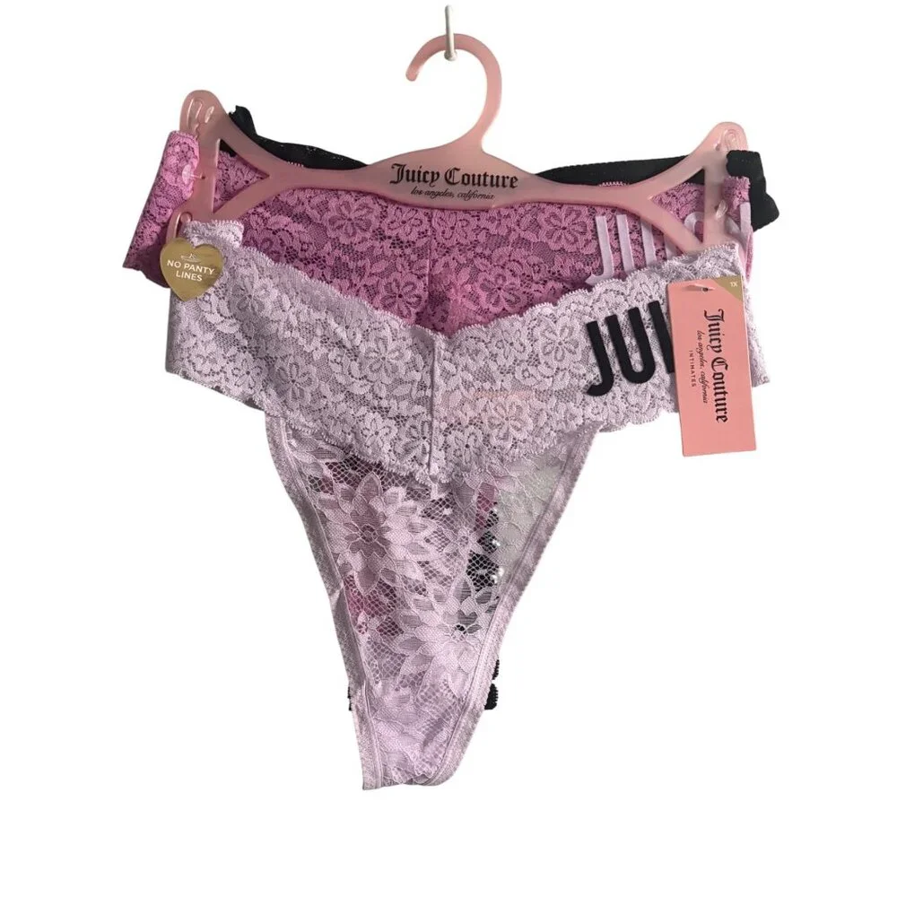 Juicy Couture Lace Thong Panty Coquette Set 3-Pack In Black Pink & Lavender 1X - Picture 1 of 9